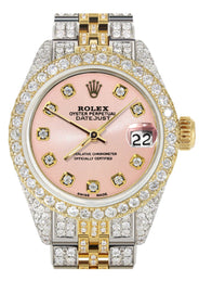 Womens Diamond Gold Rolex Watch | 26Mm | Light Pink Dial | Jubilee Band