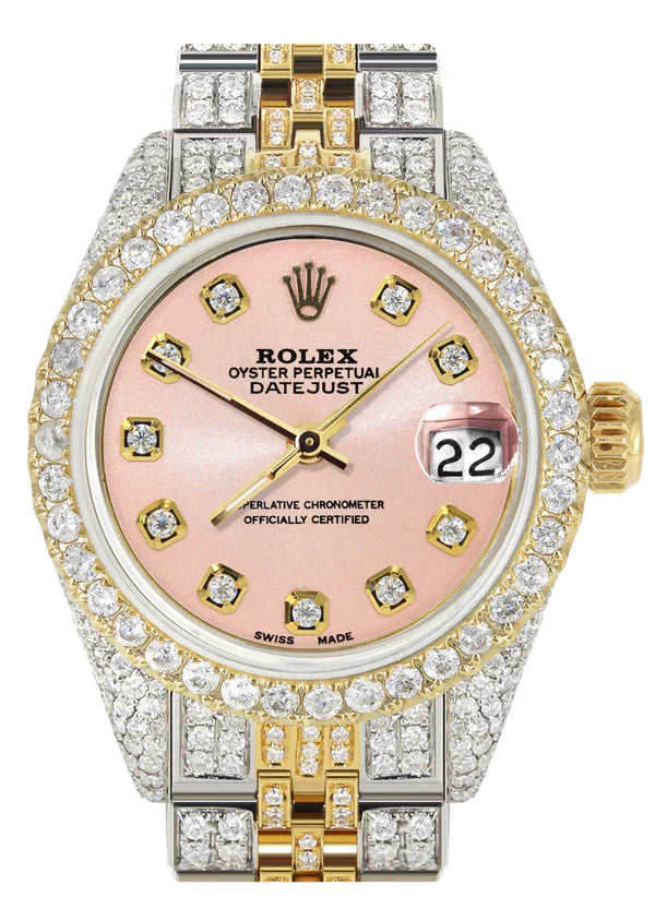 Full Diamond Bust Down Rolex Datejust Watch for Women  | 1 Carat Bezel | 26MM | Salmon Pink Diamond Dial | Jubilee Band