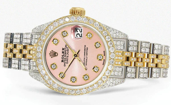 Full Diamond Bust Down Rolex Datejust Watch for Women  | 1 Carat Bezel | 26MM | Salmon Pink Diamond Dial | Jubilee Band