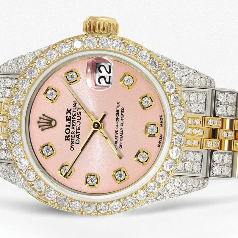 Womens Diamond Gold Rolex Watch | 26Mm | Light Pink Dial | Jubilee Band