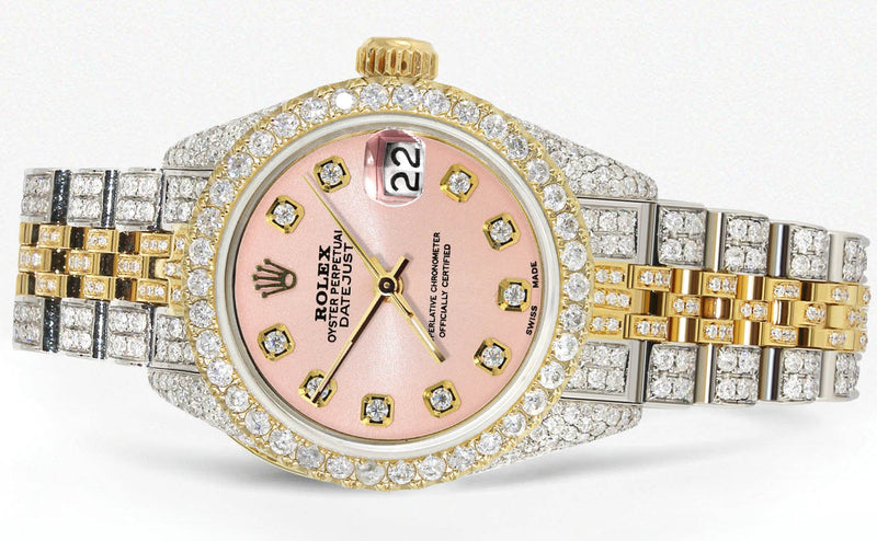 Womens Diamond Gold Rolex Watch | 26Mm | Light Pink Dial | Jubilee Band