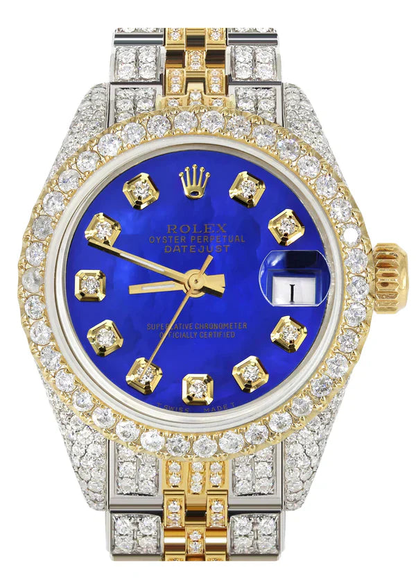 Full Diamond Bust Down Rolex Datejust Gold Watch for Women | 1 Carat Bezel | 26MM | Royal Blue Dial | Jubilee Band