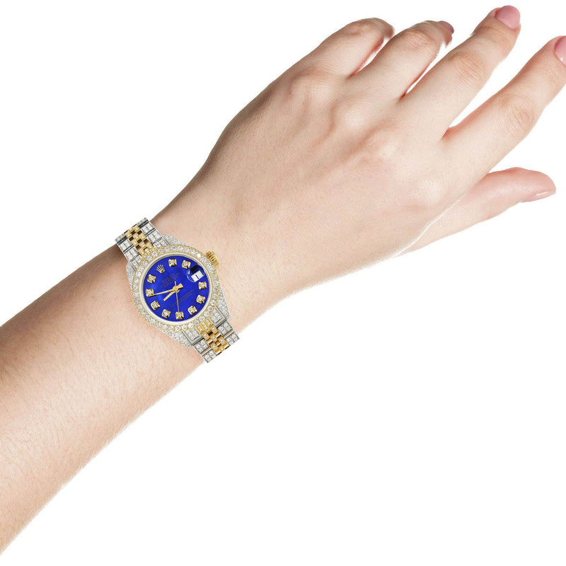 Womens Diamond Gold Rolex Watch | 26Mm | Royal Blue Dial | Jubilee Band