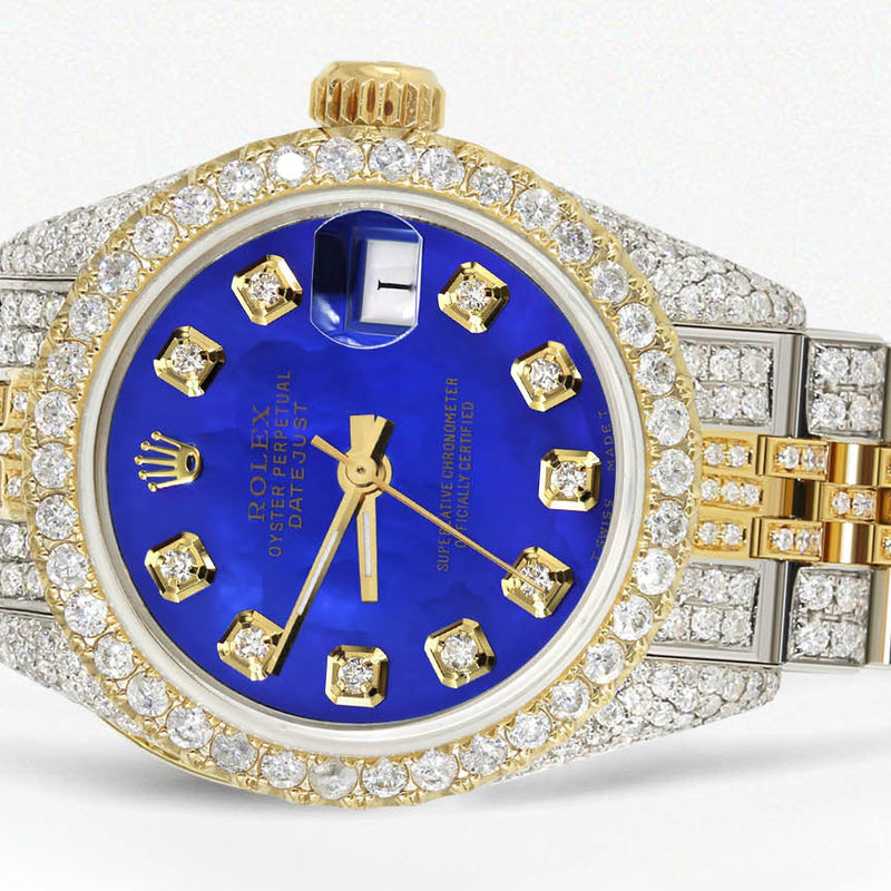 Womens Diamond Gold Rolex Watch | 26Mm | Royal Blue Dial | Jubilee Band