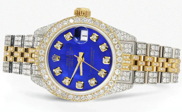 Full Diamond Bust Down Rolex Datejust Gold Watch for Women | 1 Carat Bezel | 26MM | Royal Blue Dial | Jubilee Band