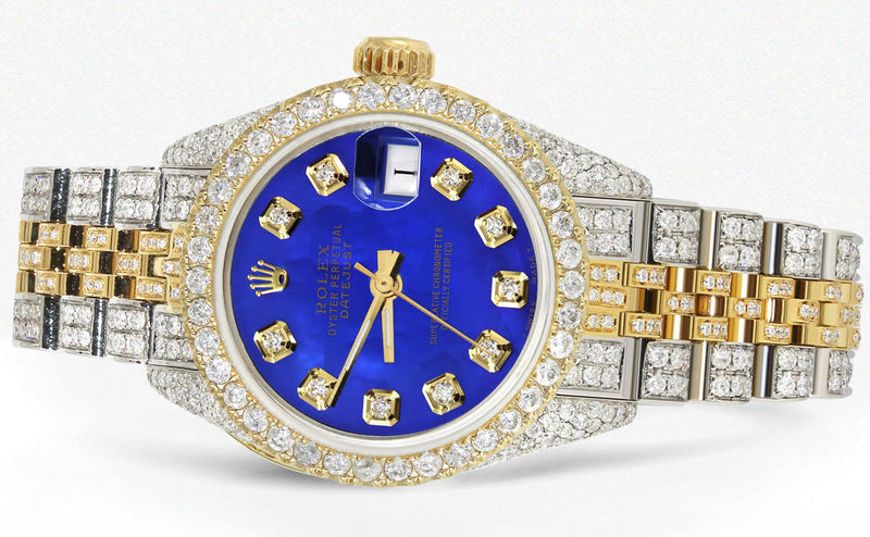 Womens Diamond Gold Rolex Watch | 26Mm | Royal Blue Dial | Jubilee Band