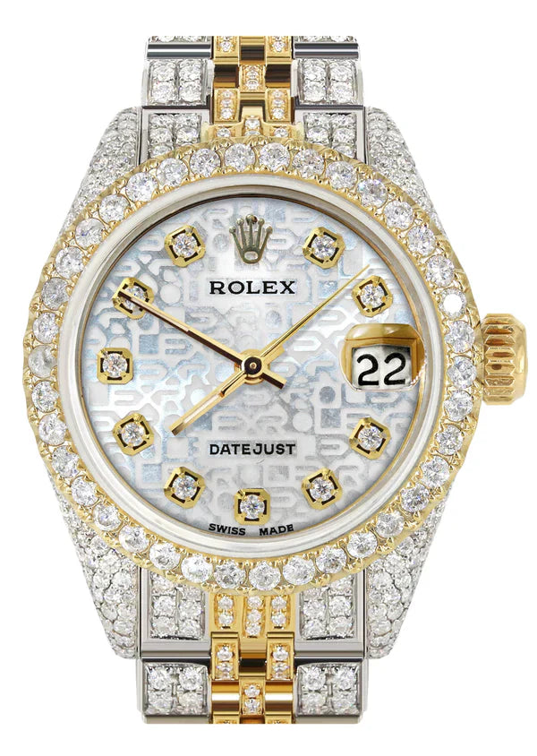 Full Diamond Bust Down Rolex Datejust Watch for Women  | 1 Carat Bezel | 26MM | Texture Diamond Dial | Jubilee Band