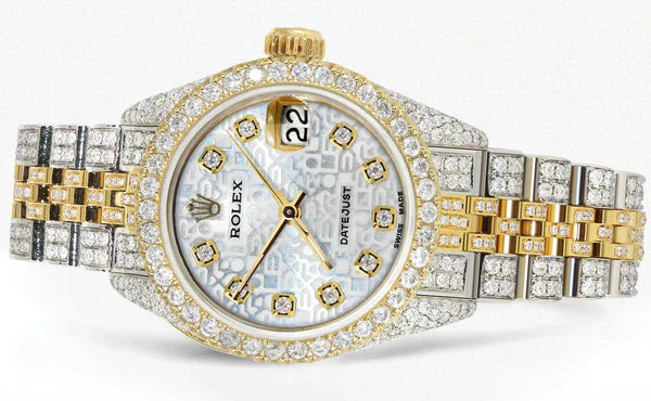 Full Diamond Bust Down Rolex Datejust Watch for Women  | 1 Carat Bezel | 26MM | Texture Diamond Dial | Jubilee Band