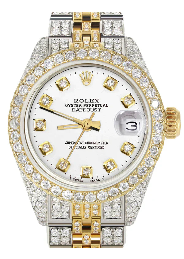 Full Diamond Bust Down Rolex Datejust Watch for Women | 1 Carat Bezel | 26MM | White Dial | Jubilee Band