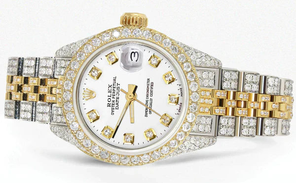 Full Diamond Bust Down Rolex Datejust Watch for Women | 1 Carat Bezel | 26MM | White Dial | Jubilee Band