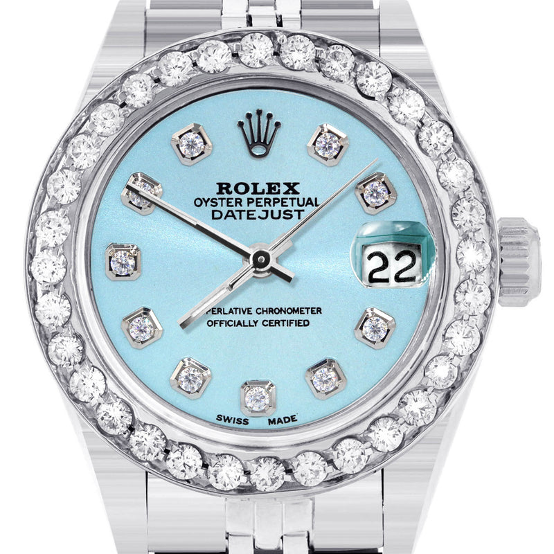 Womens Diamond Rolex Watch | 1 Carat Bezel | 26Mm | Light Blue Diamond Dial | Jubilee Band