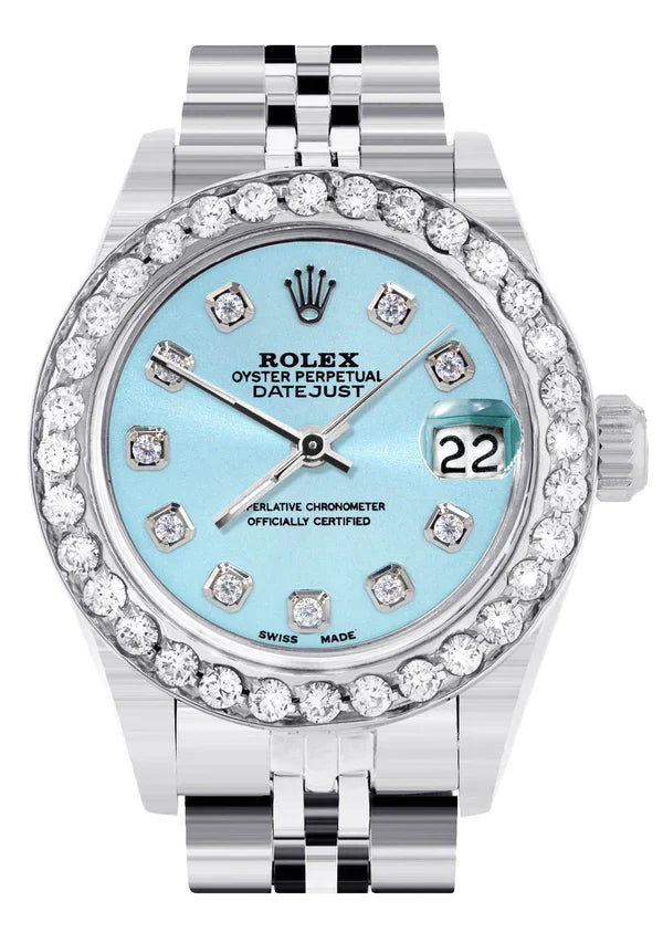 Diamond Rolex Datejust Watch for Women | 1 Carat Bezel | 26MM | Light Blue Diamond Dial | Jubilee Band