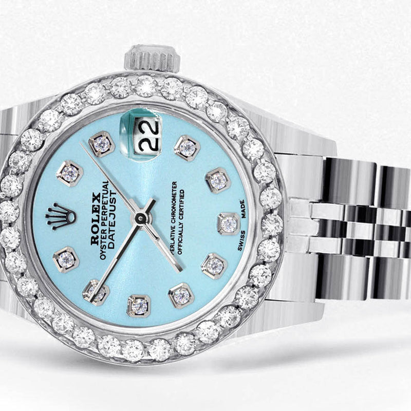 Womens Diamond Rolex Watch | 1 Carat Bezel | 26Mm | Light Blue Diamond Dial | Jubilee Band