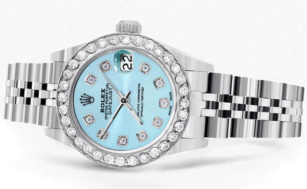 Diamond Rolex Datejust Watch for Women | 1 Carat Bezel | 26MM | Light Blue Diamond Dial | Jubilee Band