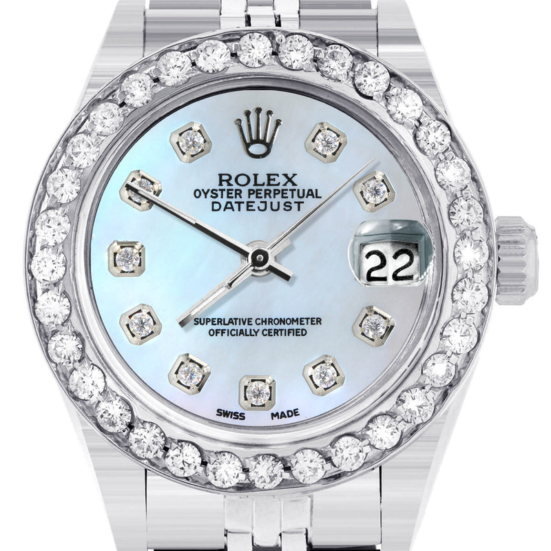 Womens Diamond Rolex Watch | 1 Carat Bezel | 26Mm | Blue Mother of Pearl Diamond Dial | Jubilee Band