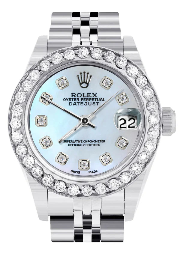 Diamond Rolex Datejust Watch for Women | 1 Carat Bezel | 26MM | Blue Mother of Pearl Diamond Dial | Jubilee Band