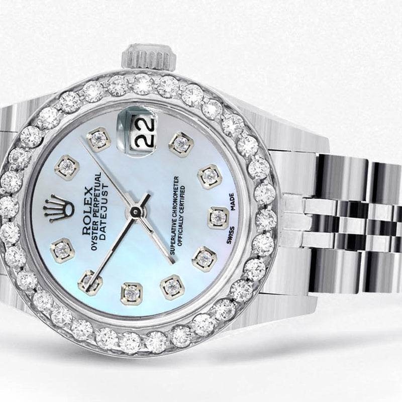 Womens Diamond Rolex Watch | 1 Carat Bezel | 26Mm | Blue Mother of Pearl Diamond Dial | Jubilee Band