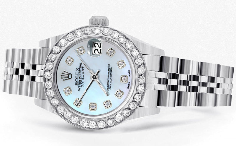 Womens Diamond Rolex Watch | 1 Carat Bezel | 26Mm | Blue Mother of Pearl Diamond Dial | Jubilee Band