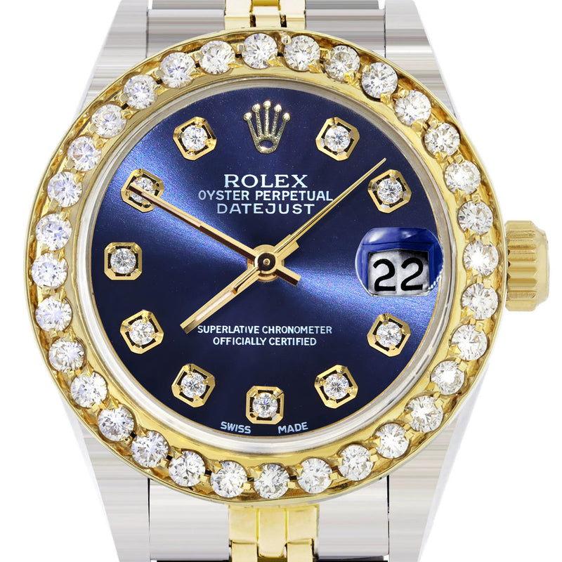 Womens Diamond Gold Rolex Watch | 1 Carat Bezel | 26Mm | Blue Diamond Dial | Jubilee Band