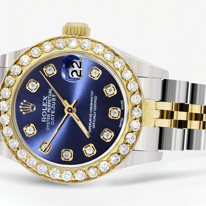Womens Diamond Gold Rolex Watch | 1 Carat Bezel | 26Mm | Blue Diamond Dial | Jubilee Band