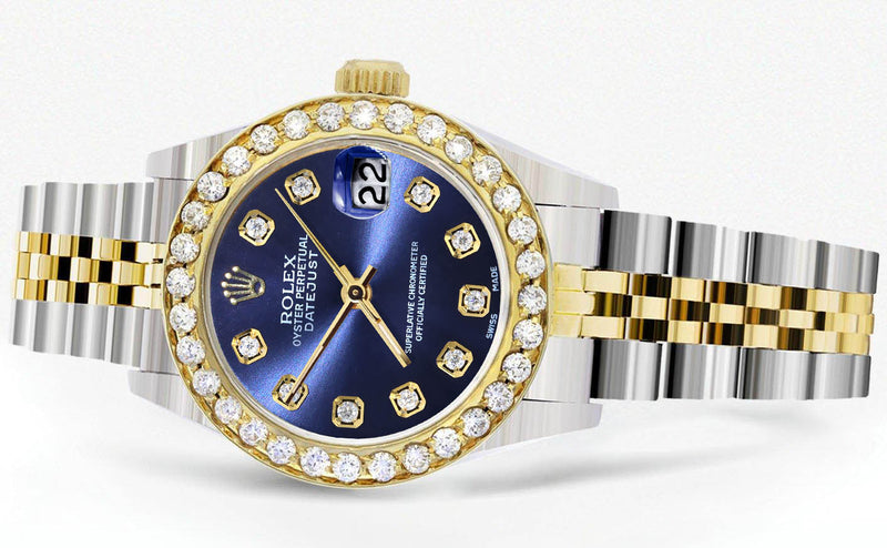 Womens Diamond Gold Rolex Watch | 1 Carat Bezel | 26Mm | Blue Diamond Dial | Jubilee Band