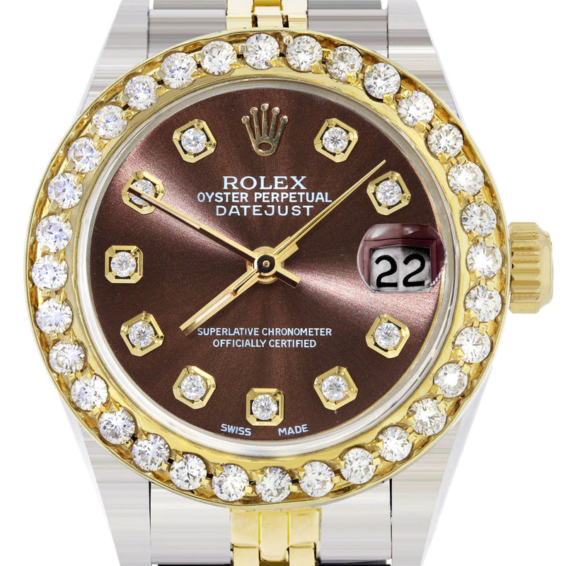 Womens Diamond Gold Rolex Watch | 1 Carat Bezel | 26Mm | Brown Diamond Dial | Jubilee Band