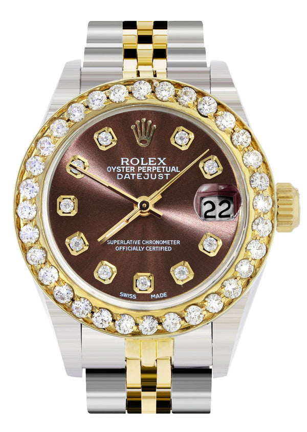 Womens Diamond Gold Rolex Watch | 1 Carat Bezel | 26Mm | Brown Diamond Dial | Jubilee Band