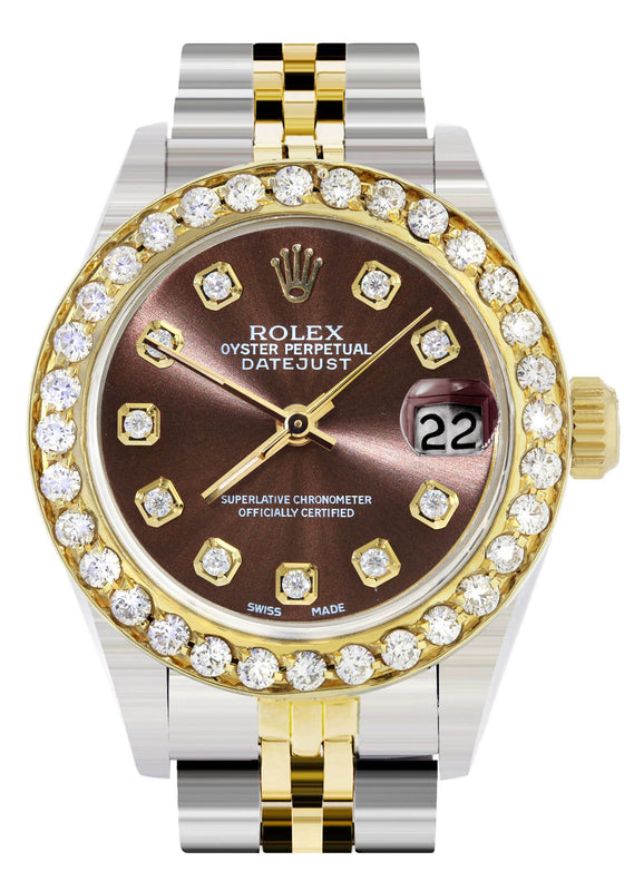 Womens Diamond Gold Rolex Watch | 1 Carat Bezel | 26Mm | Brown Diamond Dial | Jubilee Band