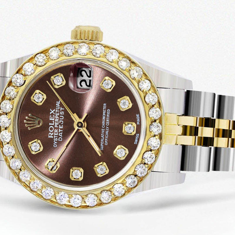 Womens Diamond Gold Rolex Watch | 1 Carat Bezel | 26Mm | Brown Diamond Dial | Jubilee Band