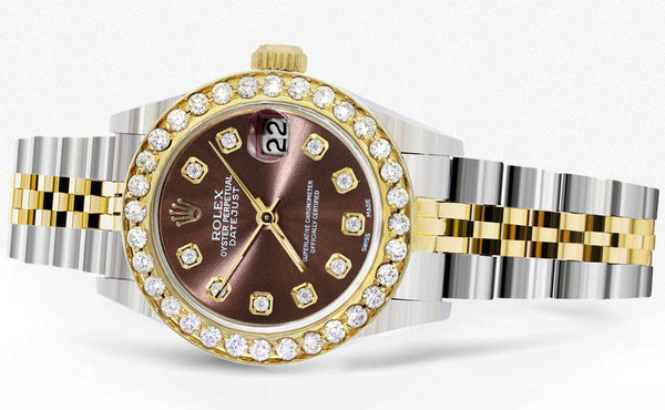 Womens Diamond Gold Rolex Watch | 1 Carat Bezel | 26Mm | Brown Diamond Dial | Jubilee Band