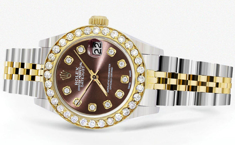 Womens Diamond Gold Rolex Watch | 1 Carat Bezel | 26Mm | Brown Diamond Dial | Jubilee Band