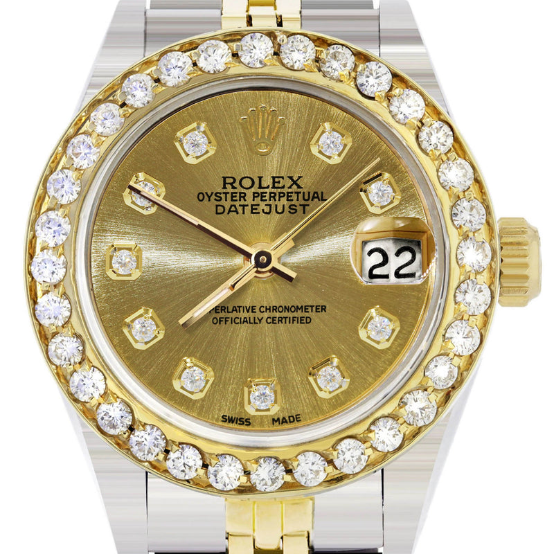 Womens Diamond Gold Rolex Watch | 1 Carat Bezel | 26Mm | Gold Diamond Dial | Jubilee Band