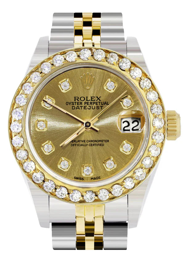 Diamond Rolex Datejust Watch for Women  | 1 Carat Bezel | 26MM | Gold Diamond Dial | Jubilee Band