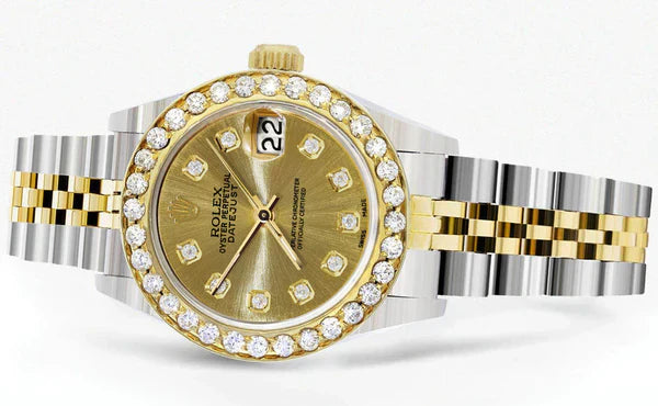 Diamond Rolex Datejust Watch for Women  | 1 Carat Bezel | 26MM | Gold Diamond Dial | Jubilee Band