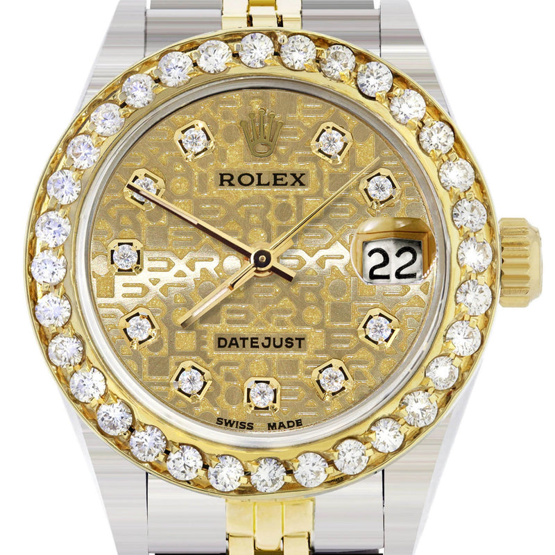 Womens Diamond Gold Rolex Watch | 1 Carat Bezel | 26Mm | Texture Gold Diamond Dial | Jubilee Band