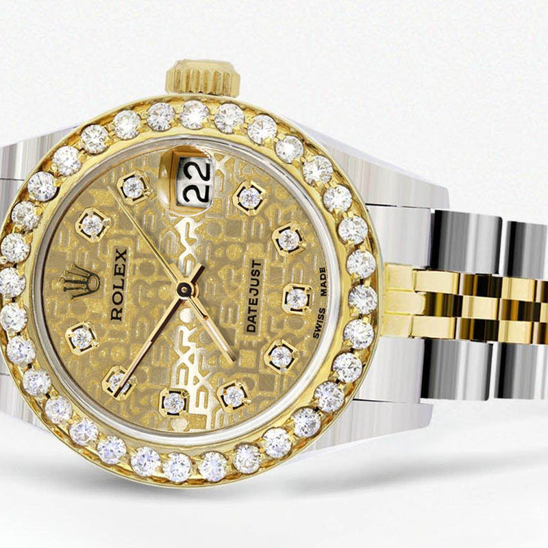 Womens Diamond Gold Rolex Watch | 1 Carat Bezel | 26Mm | Texture Gold Diamond Dial | Jubilee Band