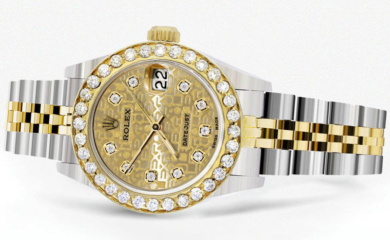 Womens Diamond Gold Rolex Watch | 1 Carat Bezel | 26Mm | Texture Gold Diamond Dial | Jubilee Band