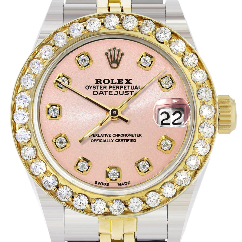 Womens Diamond Gold Rolex Watch | 1 Carat Bezel | 26Mm | Pink Diamond Dial | Jubilee Band