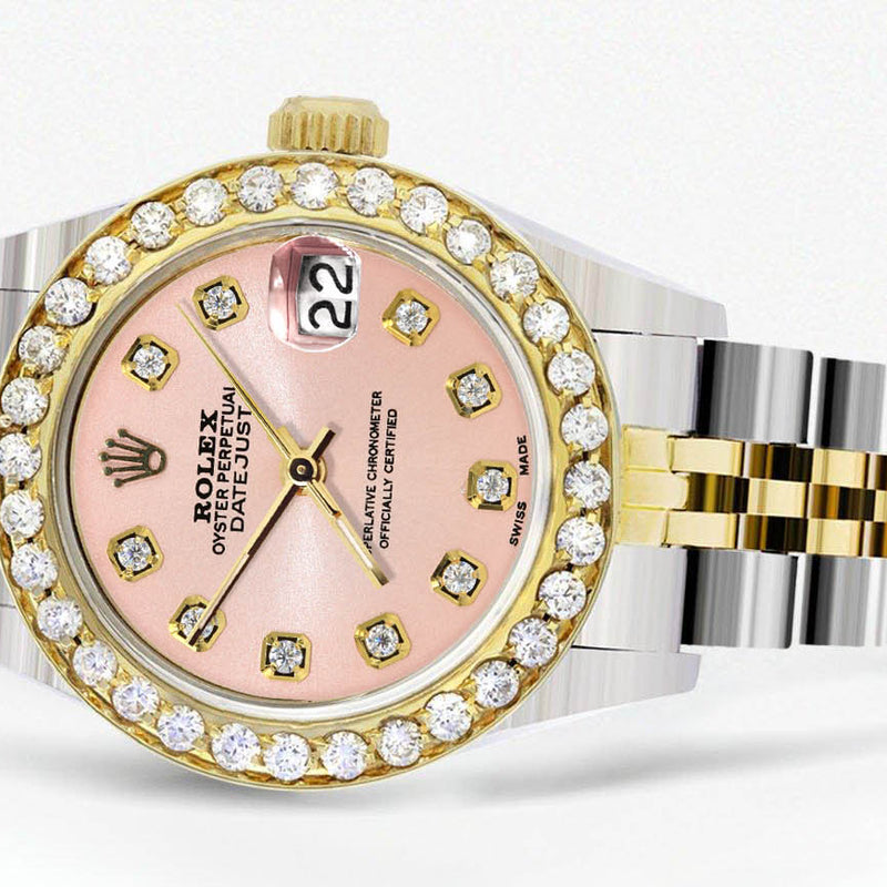 Womens Diamond Gold Rolex Watch | 1 Carat Bezel | 26Mm | Pink Diamond Dial | Jubilee Band