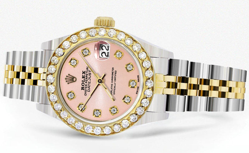 Womens Diamond Gold Rolex Watch | 1 Carat Bezel | 26Mm | Pink Diamond Dial | Jubilee Band