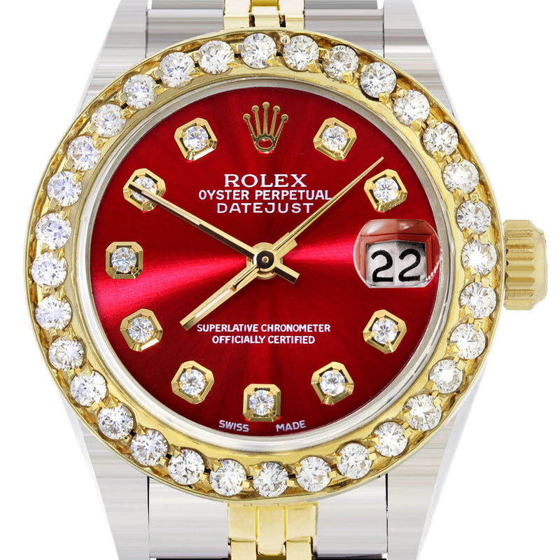 Womens Diamond Gold Rolex Watch | 1 Carat Bezel | 26Mm | Red Diamond Dial | Jubilee Band