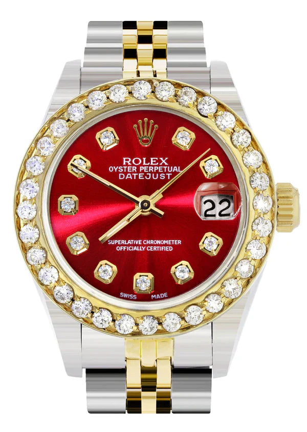 Diamond Rolex Datejust Watch for Women  | 1 Carat Bezel | 26MM | Red Diamond Dial | Jubilee Band