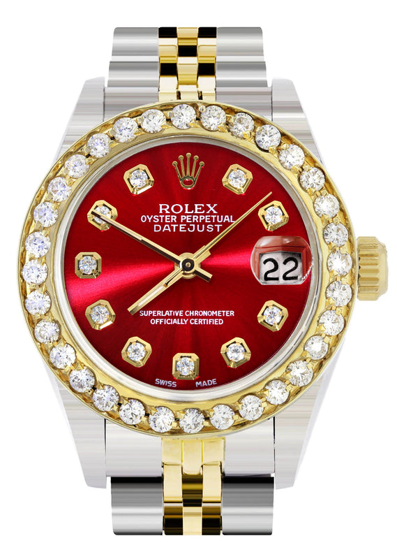 Womens Diamond Gold Rolex Watch | 1 Carat Bezel | 26Mm | Red Diamond Dial | Jubilee Band
