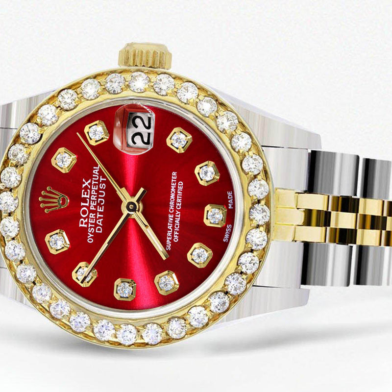 Womens Diamond Gold Rolex Watch | 1 Carat Bezel | 26Mm | Red Diamond Dial | Jubilee Band