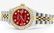 Womens Diamond Gold Rolex Watch | 1 Carat Bezel | 26Mm | Red Diamond Dial | Jubilee Band
