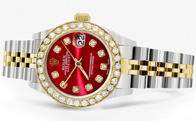 Womens Diamond Gold Rolex Watch | 1 Carat Bezel | 26Mm | Red Diamond Dial | Jubilee Band