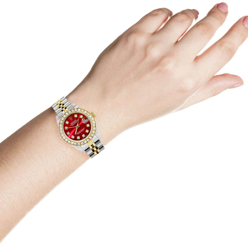 Womens Diamond Gold Rolex Watch | 1 Carat Bezel | 26Mm | Red Diamond Dial | Jubilee Band