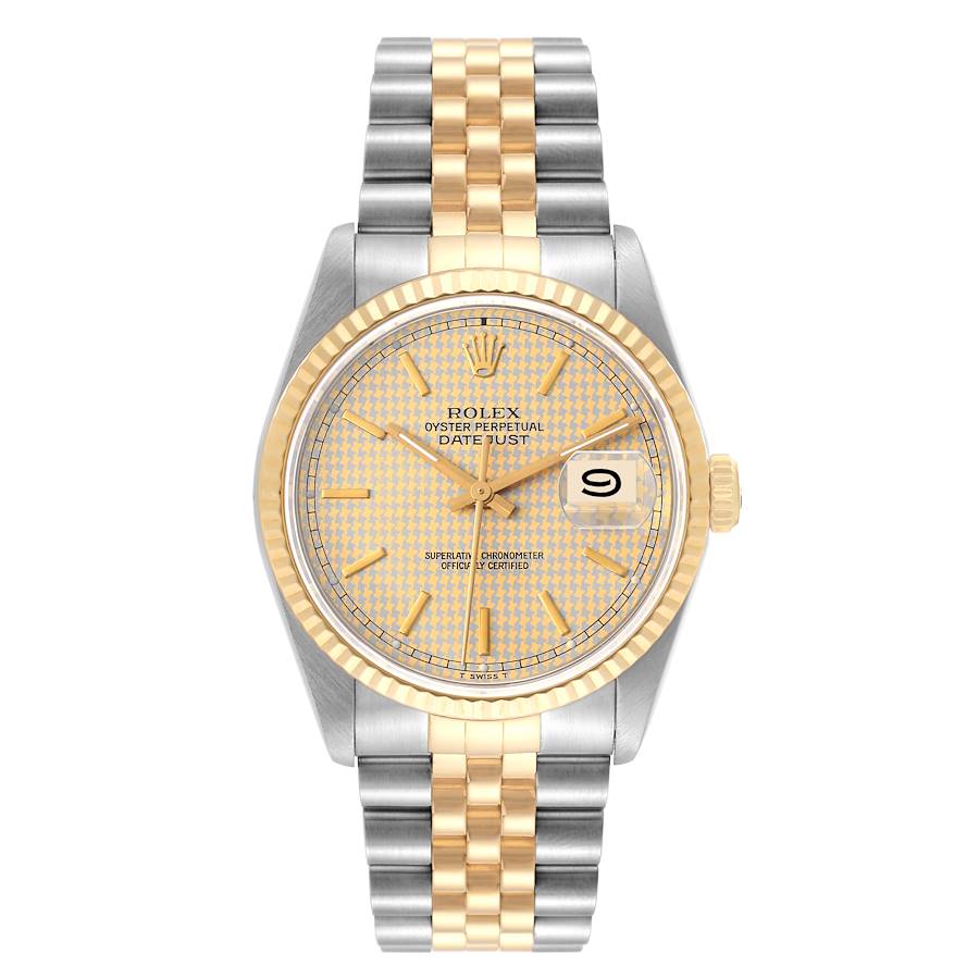 Rolex Datejust Houndstooth Dial Steel Yellow Gold Mens Watch 16233 Box and Papers
