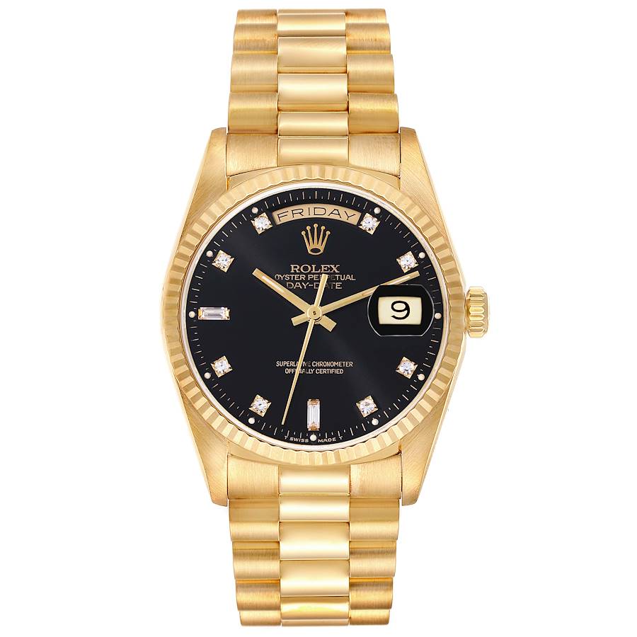 Rolex President Day-Date Watch 18038 for Men | 36MM | Yellow Gold Black Diamond Dial | 18K
