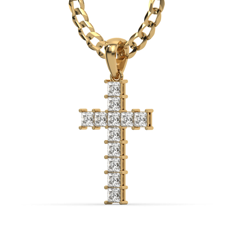 Men's VVS Princess Lab Diamond Customizable Yellow Gold Cross Necklace Pendant